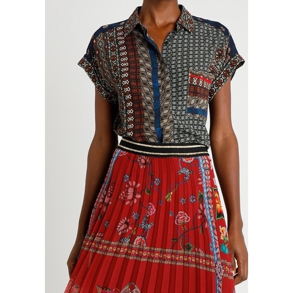Desigual Womens XXL Mixed Print Patchwork Button Down Shirt Short Sleeve Boho